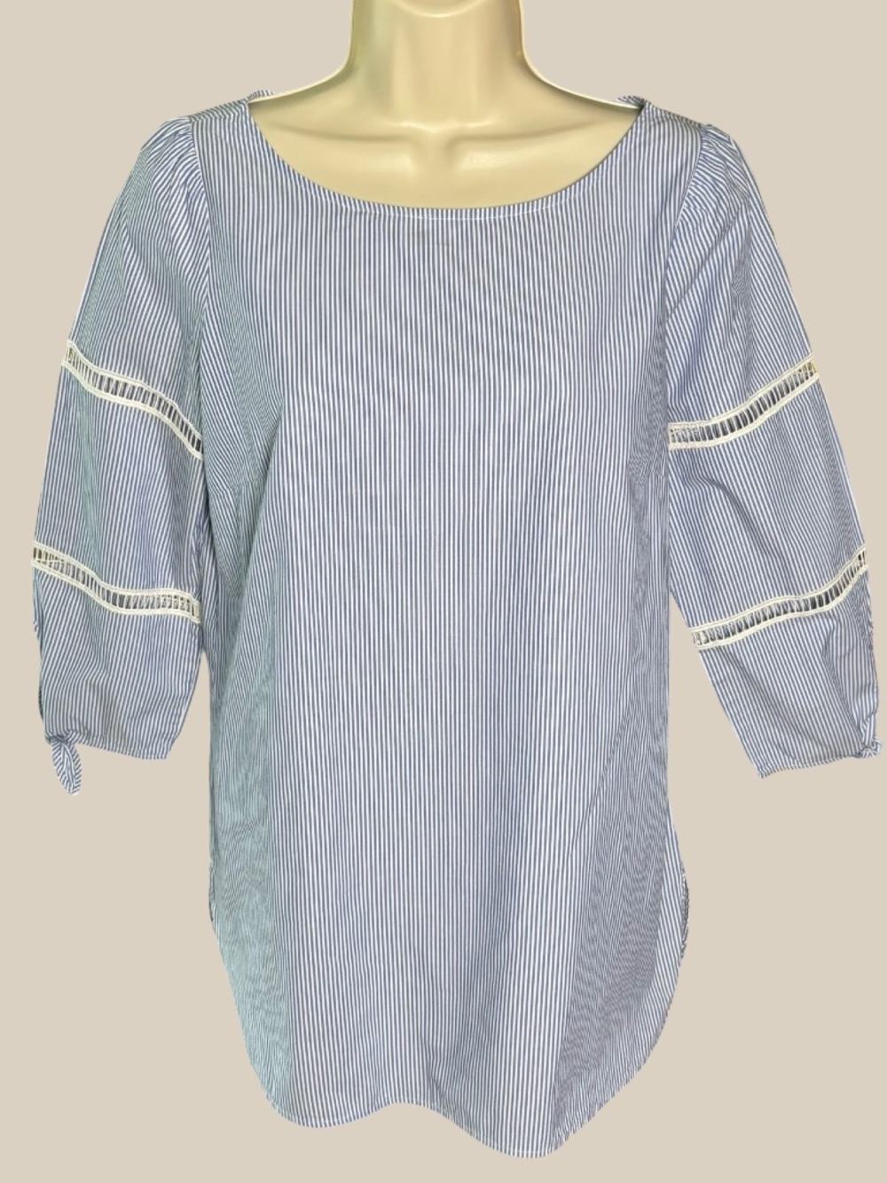 Talbots Blue White Striped Tunic Blouse Crochet Lace Sleeve Tie Cuff Coastal S